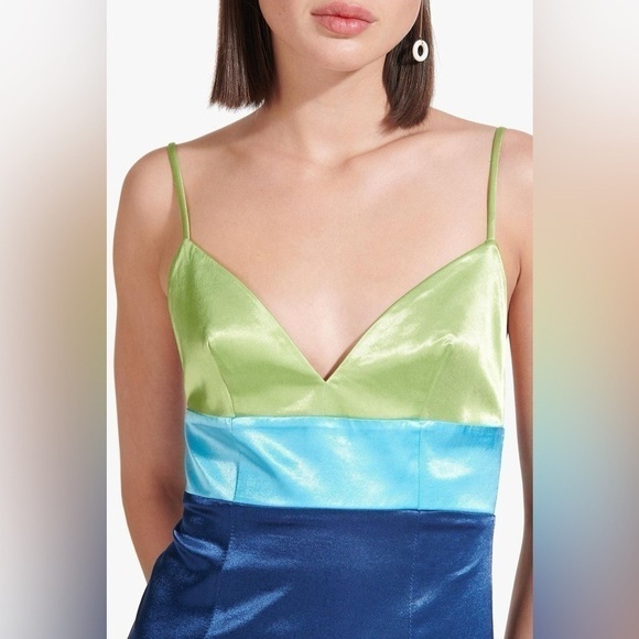 STAUD Ellis Colorblock Satin Blue and Green Slip Dress Size US12 NWT - Picture 5 of 11